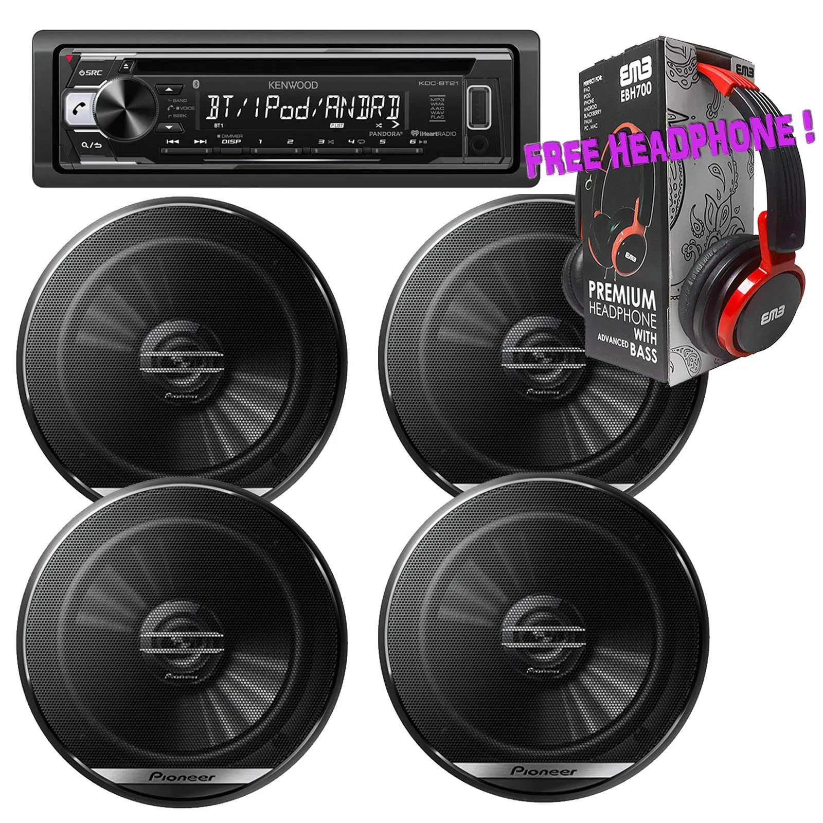 Package - 2 Pairs of Pioneer TS-G1620F 6-1/2" 2-Way 300W Speaker   Kenwood KDC-BT21 Single-DIN in-Dash Bluetooth CD Receiver   Free EBH700 Headphone