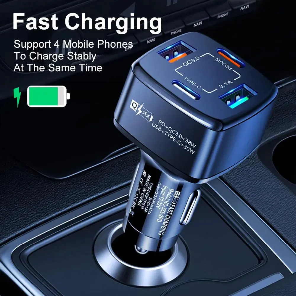 PBG 4 Port  PD/USB Car Charger and 4 in 1 Nylon Cable Bundle -Car Charger with Multiple Ports