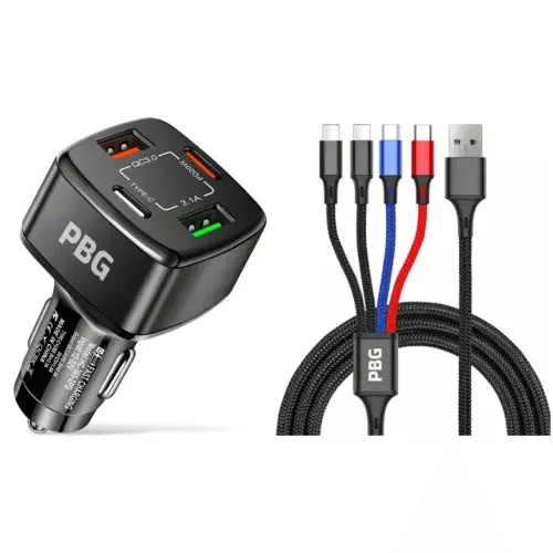 PBG 4 Port  PD/USB Car Charger and 4 in 1 Nylon Cable Bundle -Car Charger with Multiple Ports