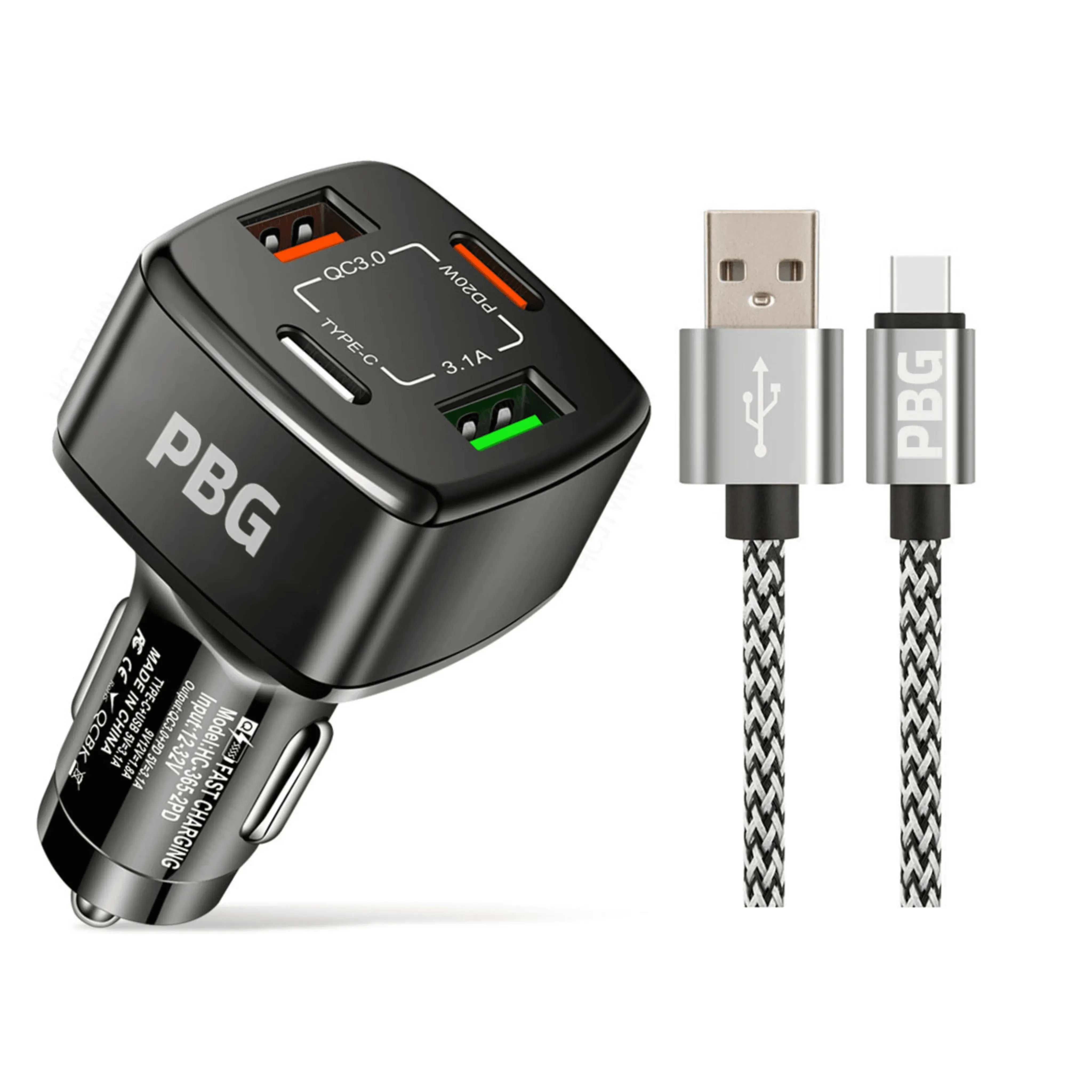 PBG Black PD 4-Port Fast Car Charger with 10FT Zebra Style Wire iPhone Cable