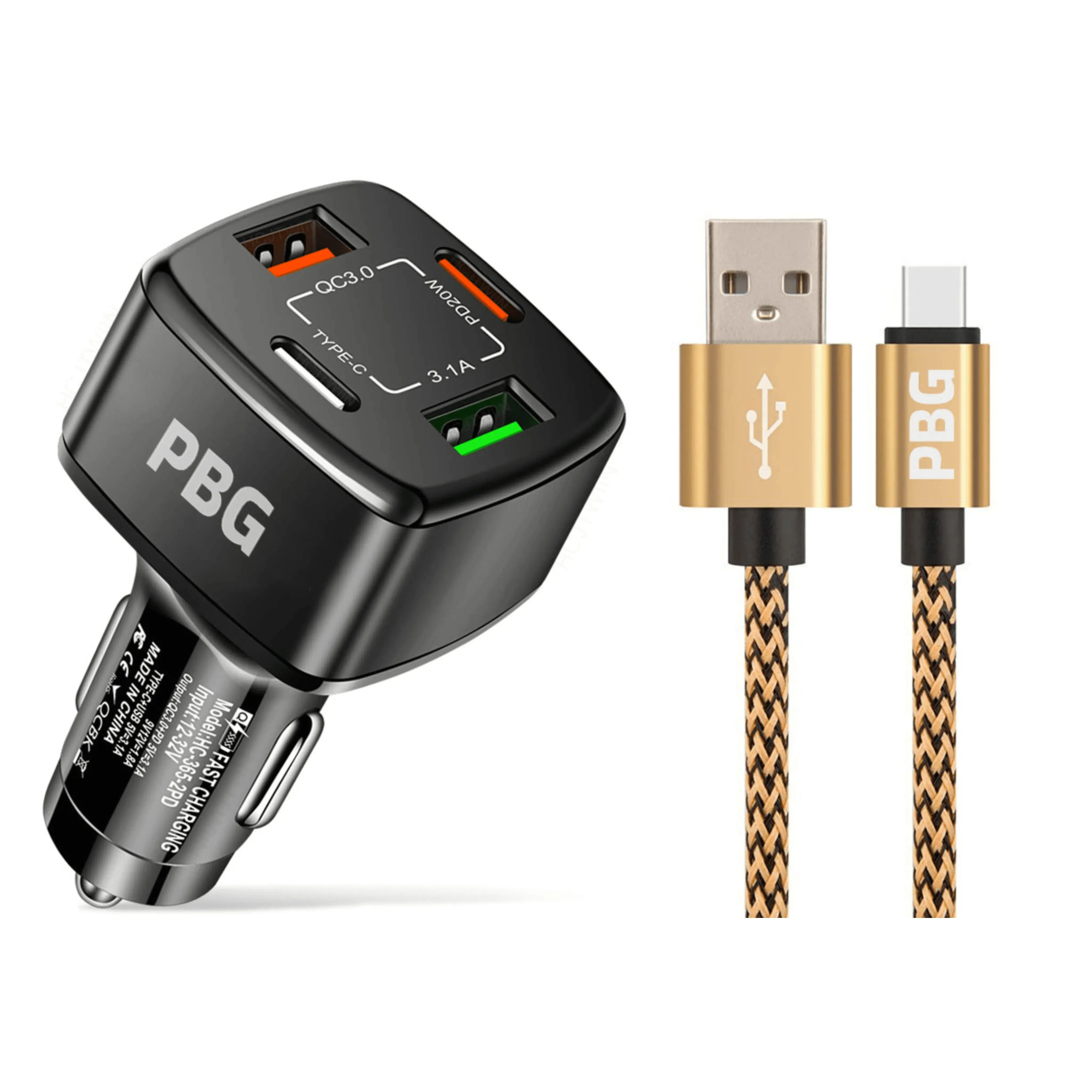 PBG Black PD 4-Port Fast Car Charger with 10FT Zebra Style Wire iPhone Cable