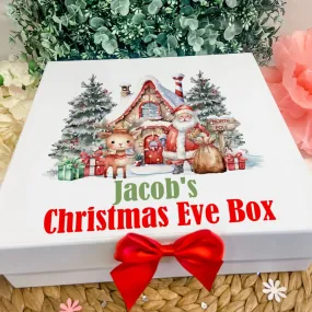 Personalised Christmas Eve Gift Box For Kids Keepsake Box, White Gift Box, Santa, Reindeer, Woodland House