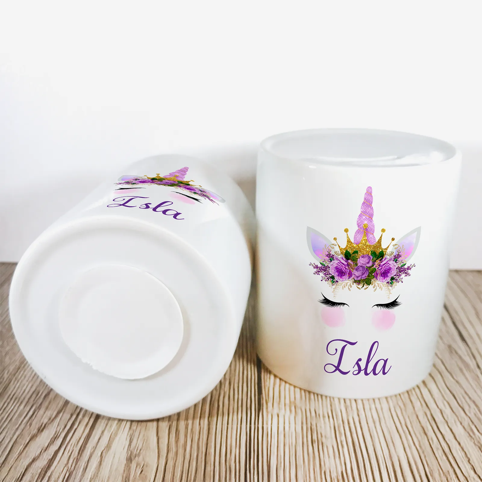 Personalised Unicorn Money Pot | Purple Flowers & Purple Horn