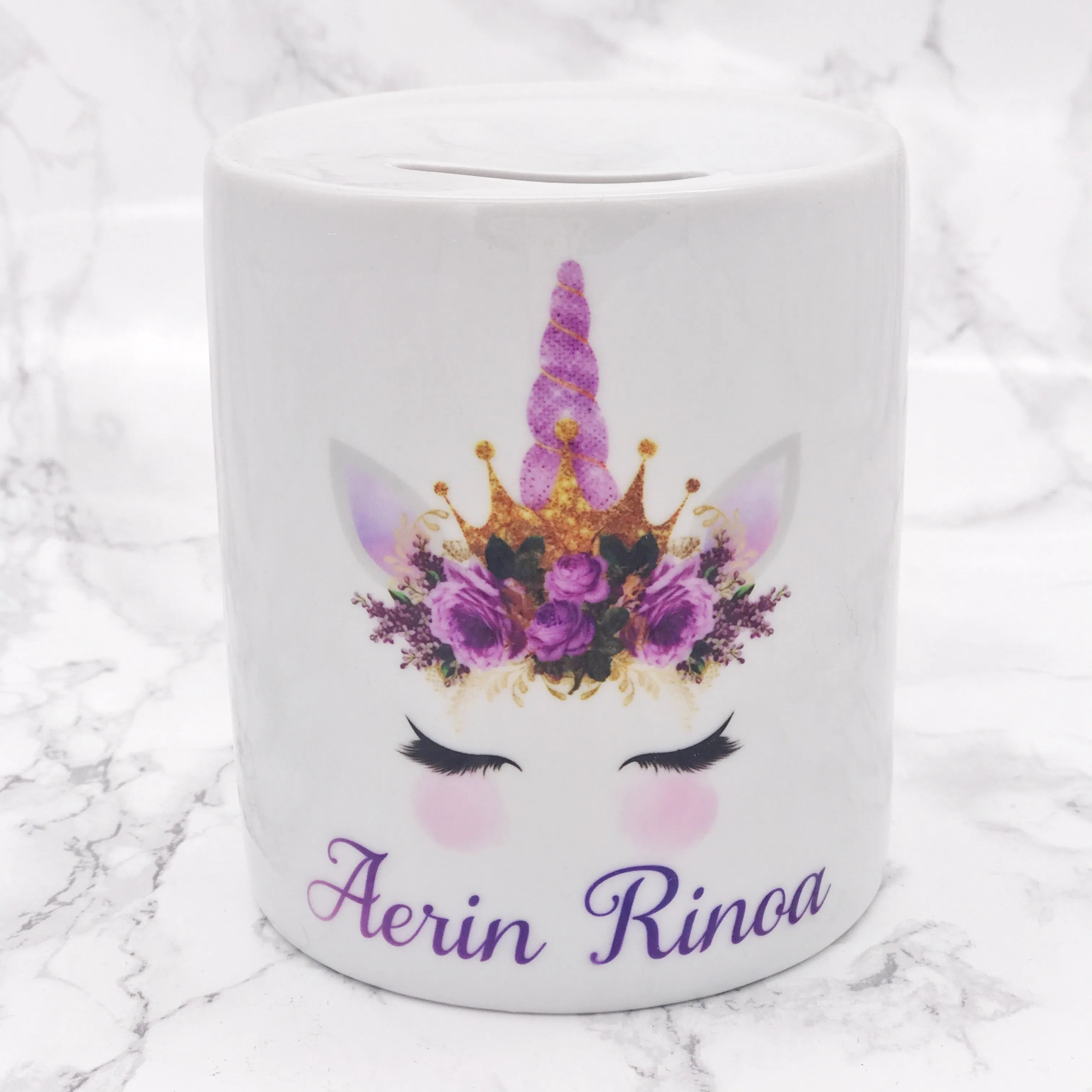 Personalised Unicorn Money Pot | Purple Flowers & Purple Horn