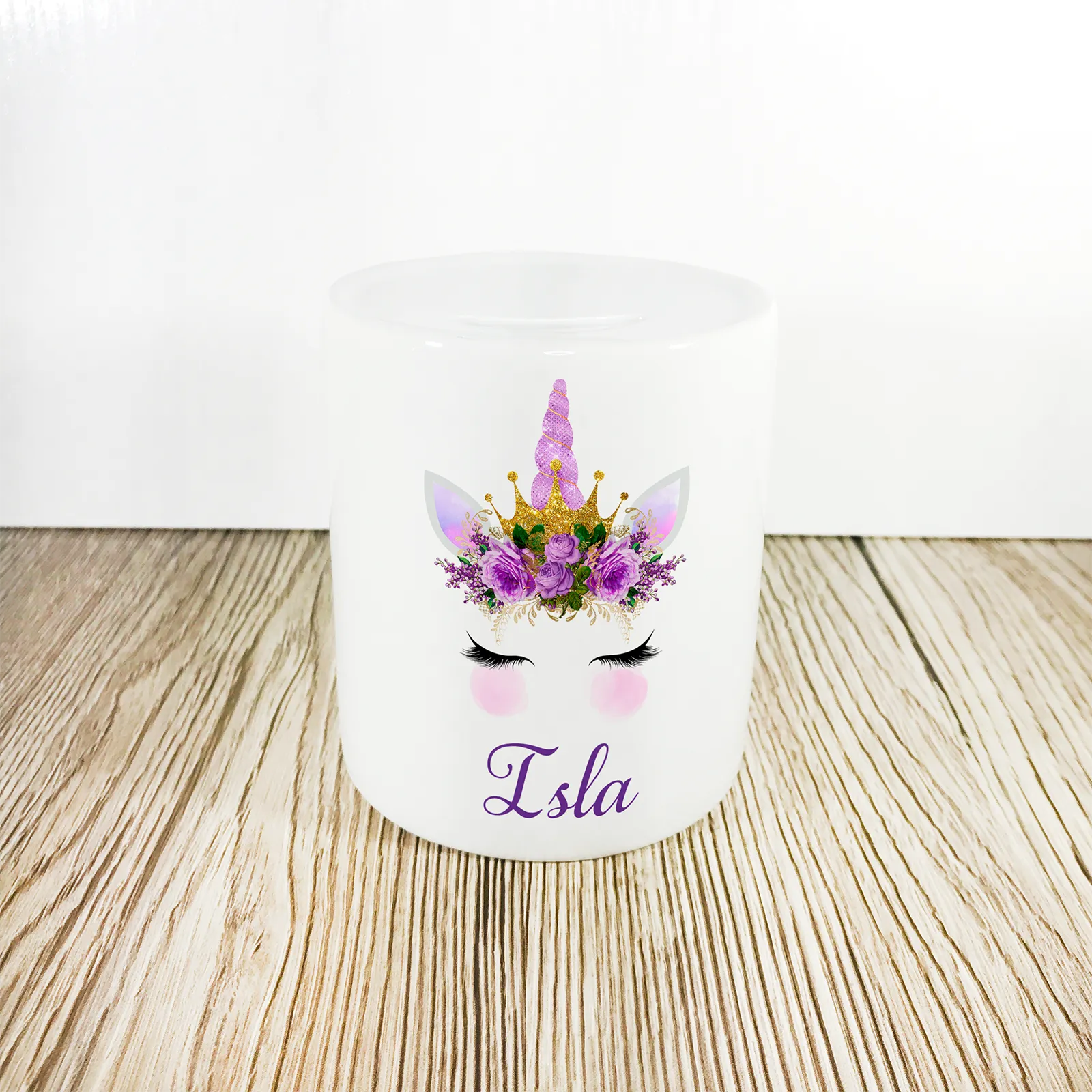 Personalised Unicorn Money Pot | Purple Flowers & Purple Horn