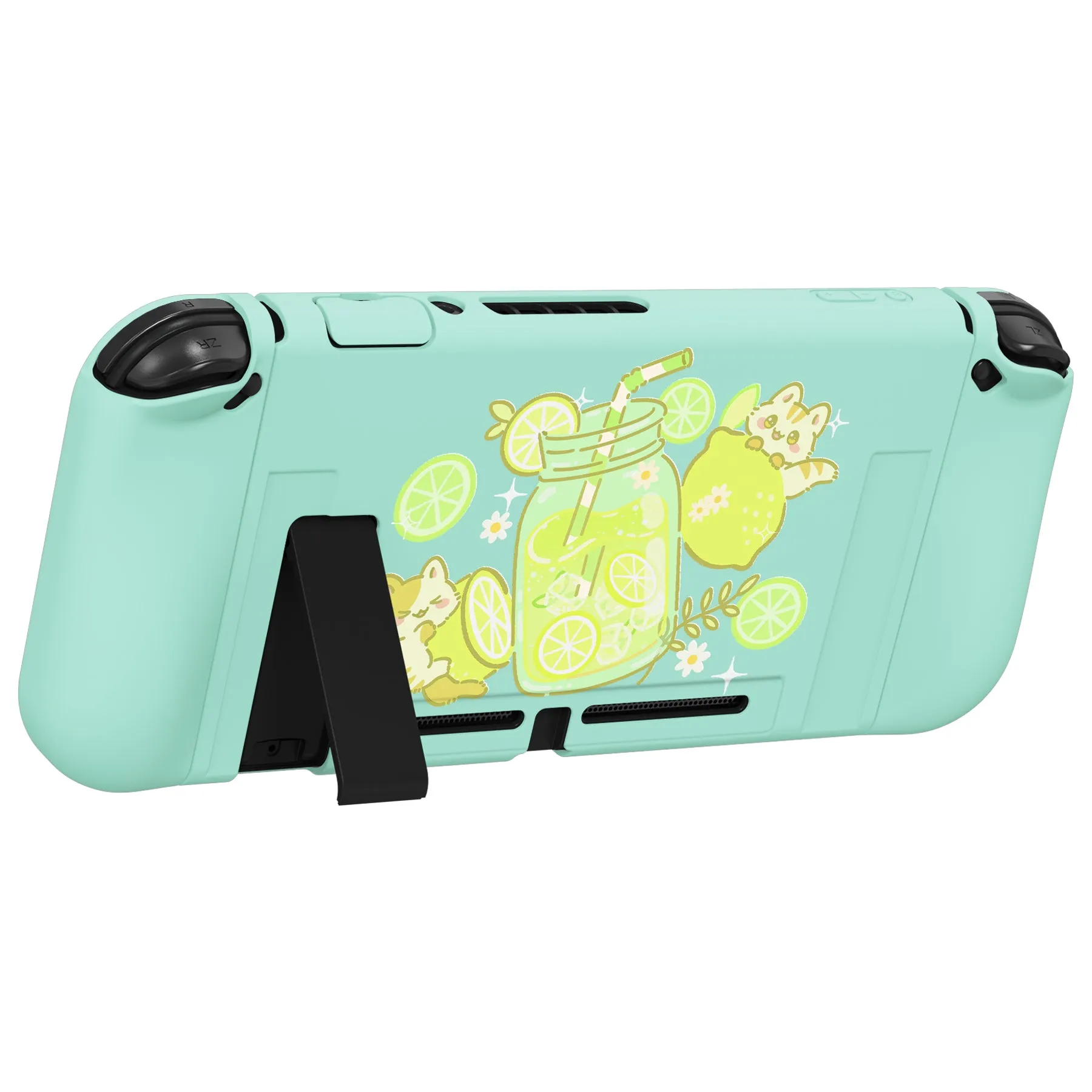 PlayVital ZealProtect Soft Protective Case for Nintendo Switch, Flexible Cover for Switch with Tempered Glass Screen Protector & Thumb Grips & ABXY Direction Button Caps - Lemonade Kitty - RNSYV6046