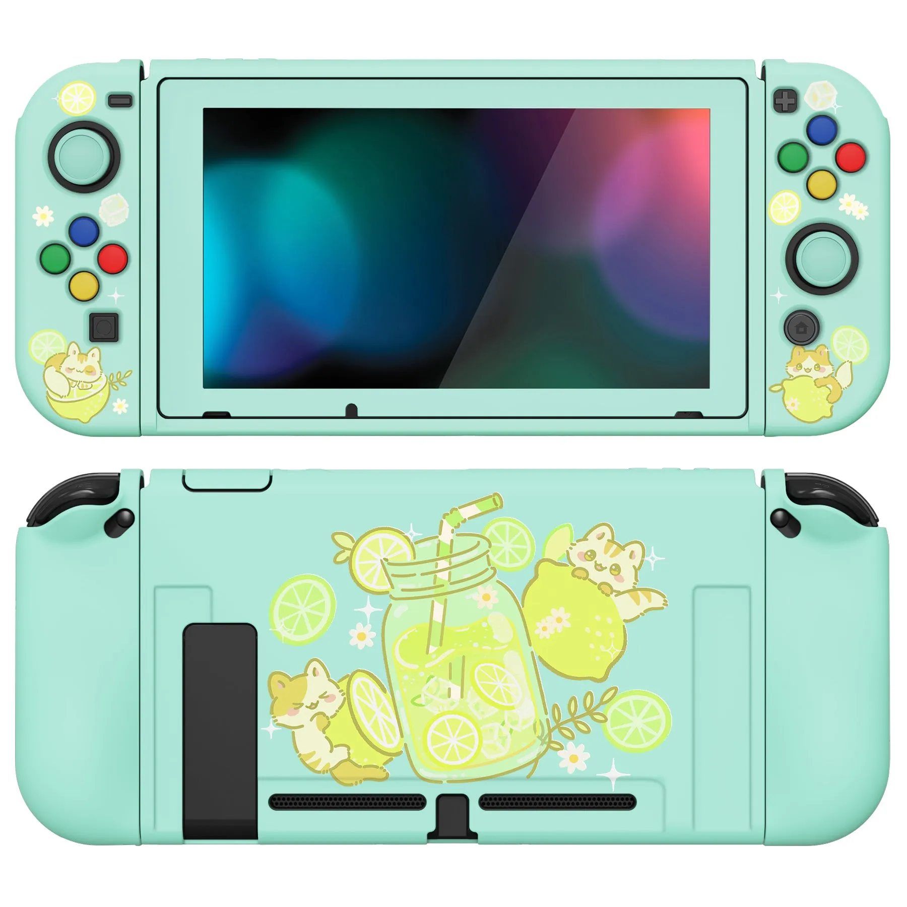 PlayVital ZealProtect Soft Protective Case for Nintendo Switch, Flexible Cover for Switch with Tempered Glass Screen Protector & Thumb Grips & ABXY Direction Button Caps - Lemonade Kitty - RNSYV6046