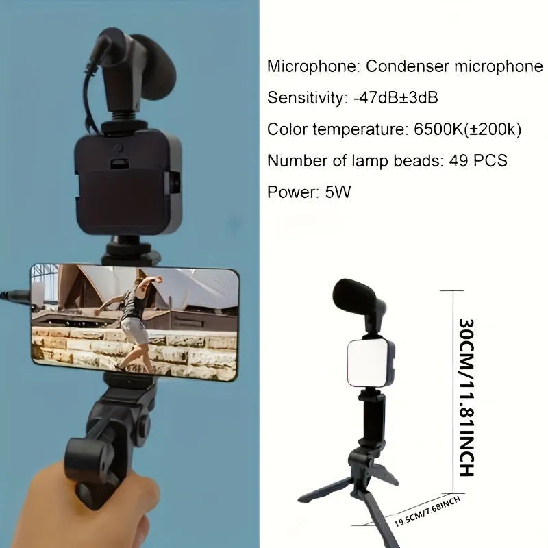 Portable Mobile Phone Stand, Equipped With Mobile Phone Tripod, Fill Light And Microphone