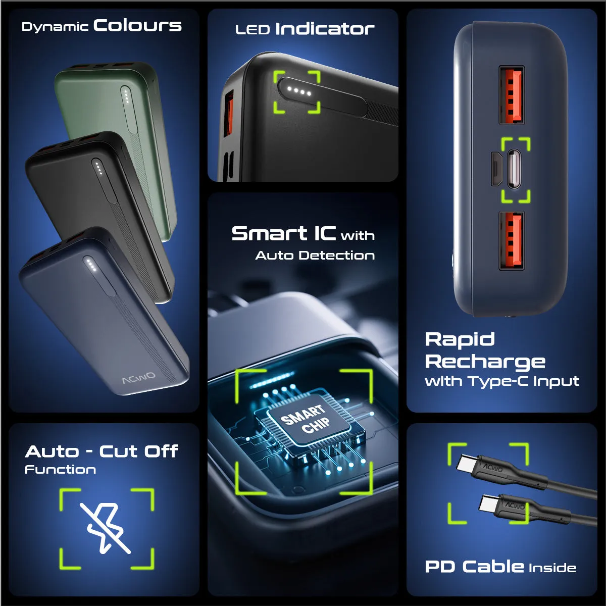 POwER 721 -  20000 mAh Fast Charging  Green Powerbank With 22.5W Output