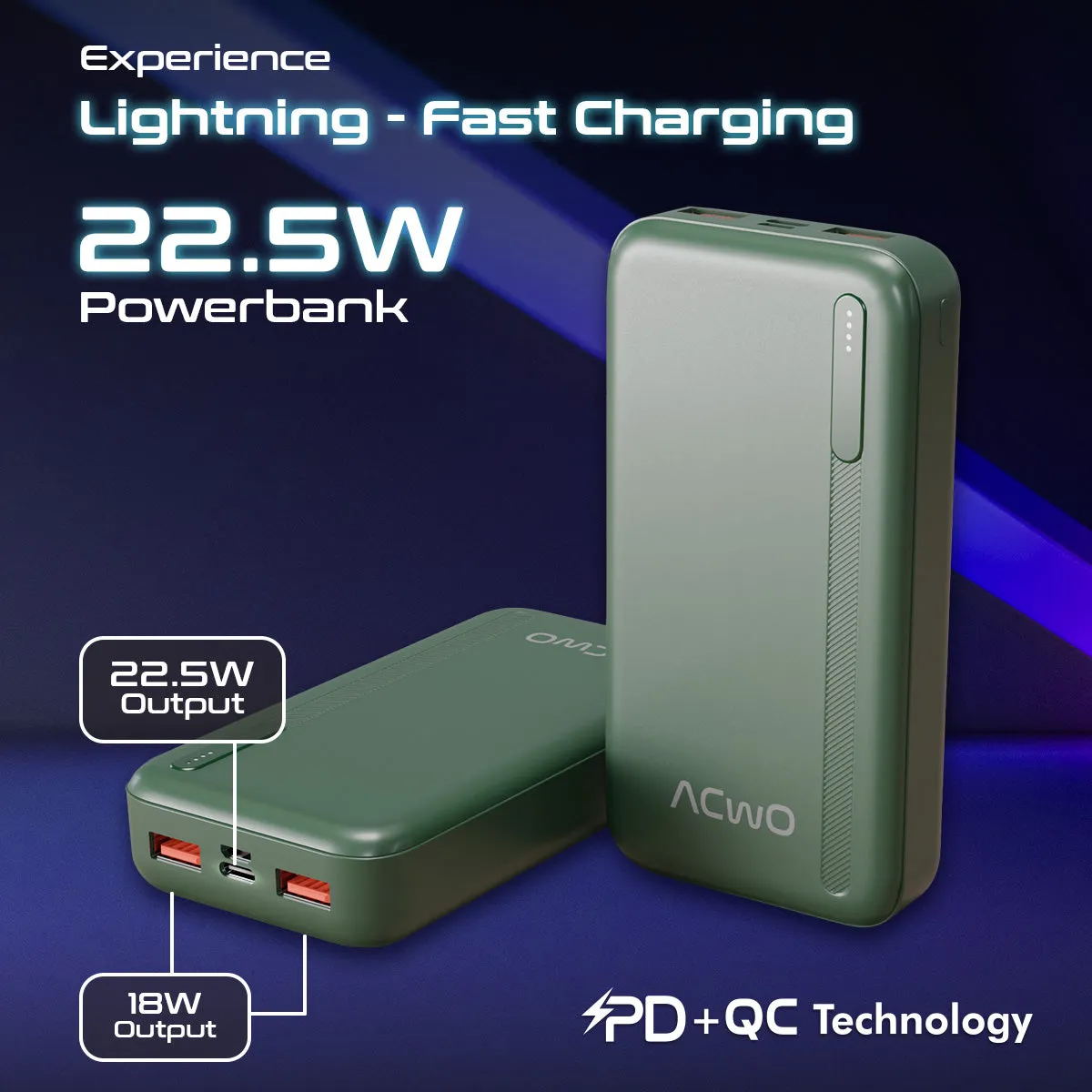 POwER 721 -  20000 mAh Fast Charging  Green Powerbank With 22.5W Output