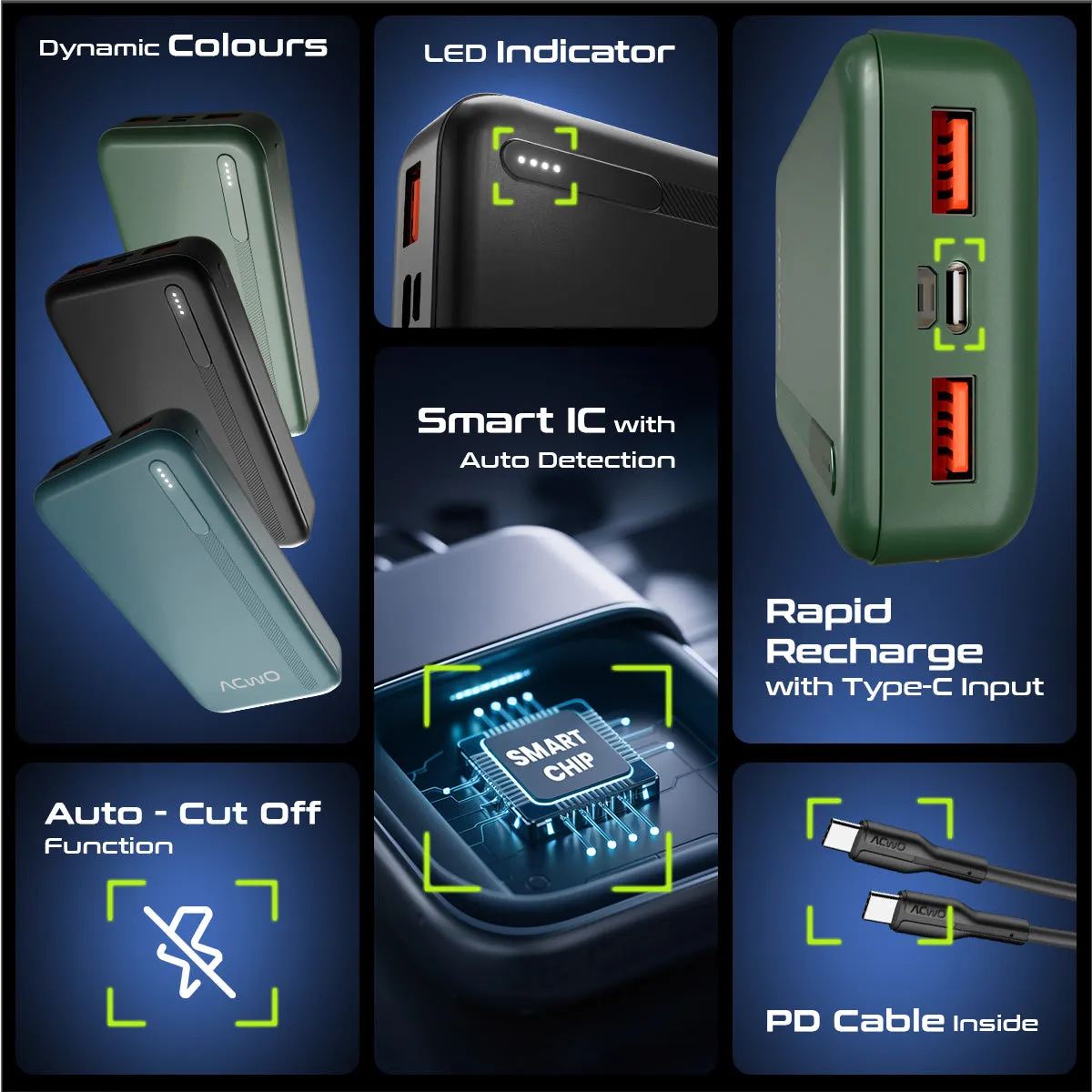 POwER 721 -  20000 mAh Fast Charging  Green Powerbank With 22.5W Output