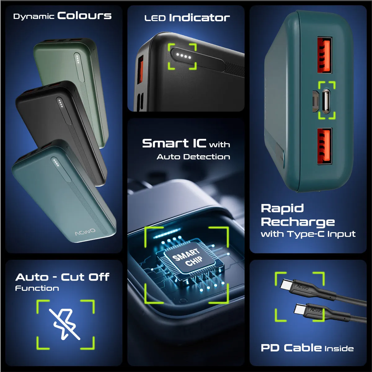 POwER 721 -  20000 mAh Fast Charging  Green Powerbank With 22.5W Output