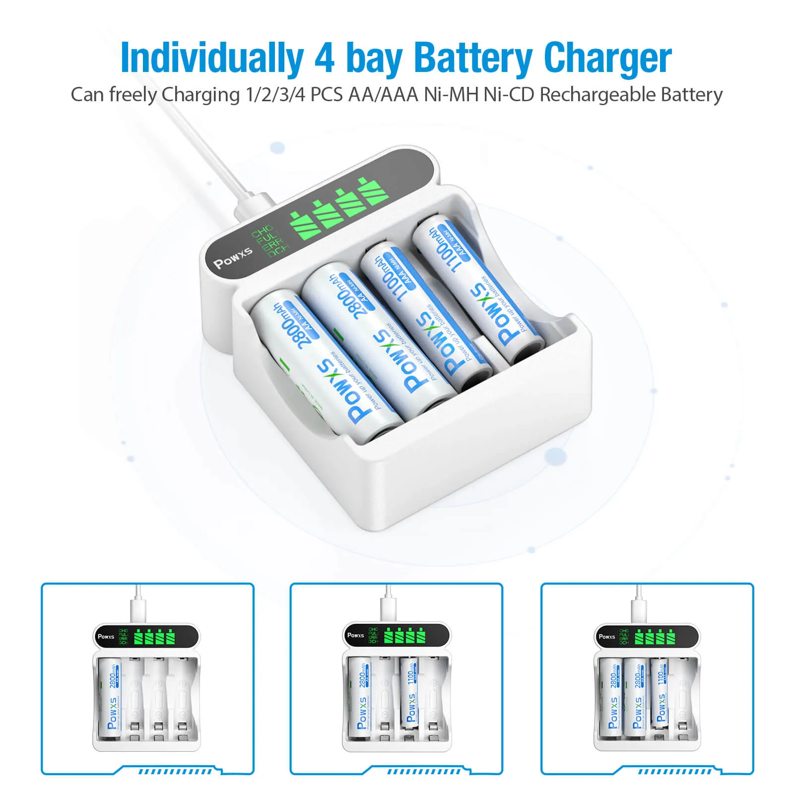 POWXS 4 Bay AA AAA Batteries Charger