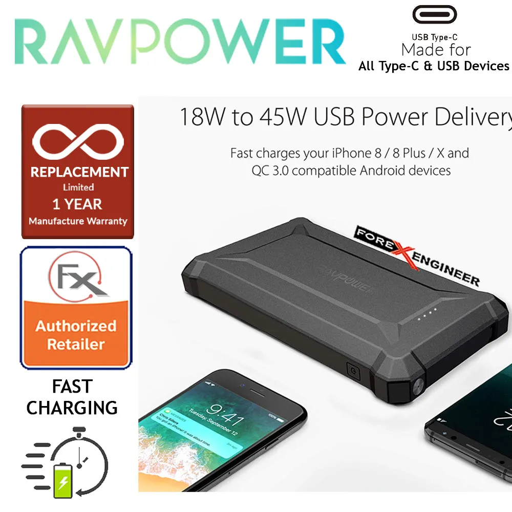 RAVPower RP-PB097 Waterproof Power Bank 20100mAh with 45WPD   QC3.0 and Built-in flashlight - Black