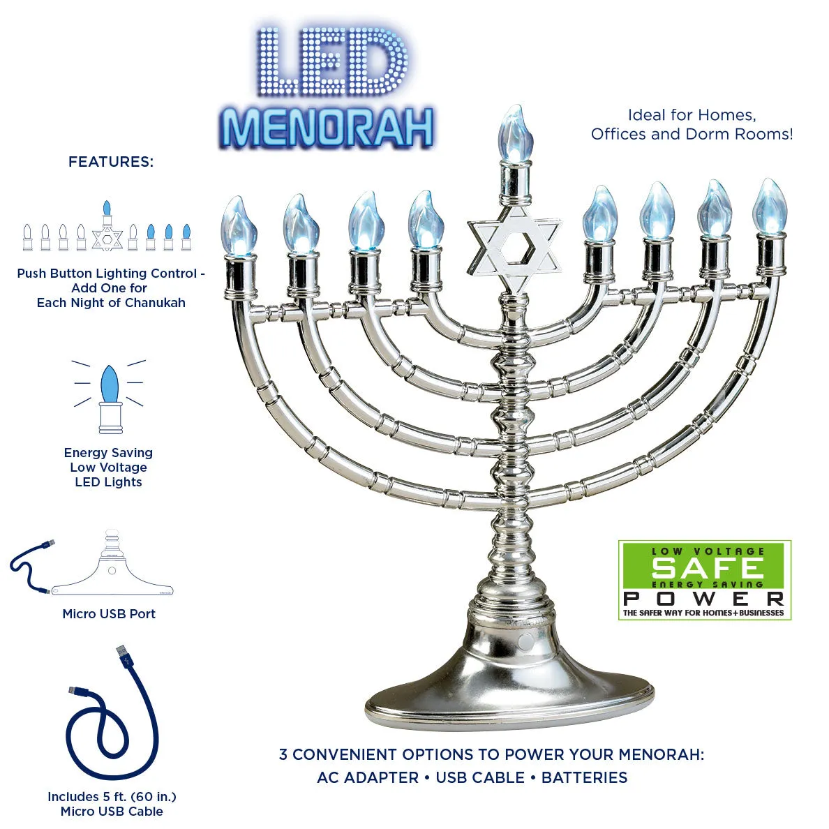 Rite Lite LED Menorah – Polished Silvertone