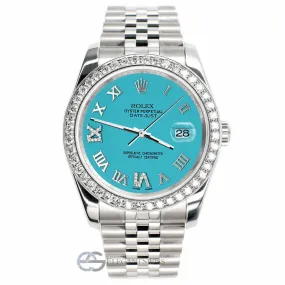 Rolex Datejust 116200 36mm Custom Diamond Bezel/Turquoise Roman Dial Steel Watch TFJ-142508722