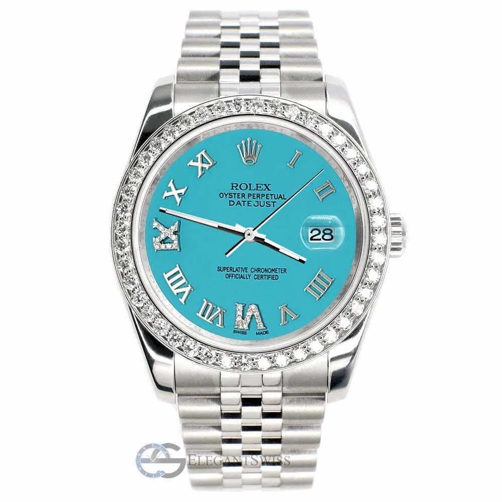 Rolex Datejust 116200 36mm Custom Diamond Bezel/Turquoise Roman Dial Steel Watch TFJ-142508722