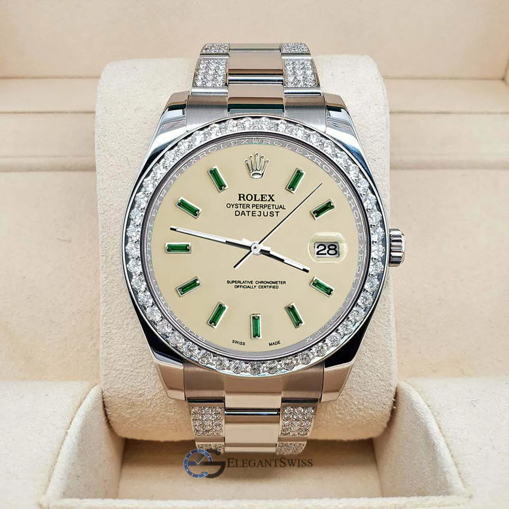 Rolex Datejust II 41mm 5ct Diamond Bezel/Bracelet/Emerald Baguette Satin Linen TFJ-142508708