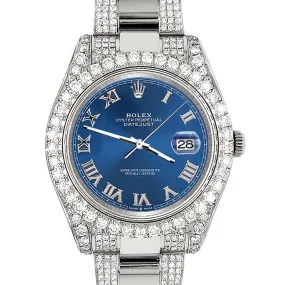 Rolex Datejust II 41mm 8.3ct Diamond Bezel/Lugs/Bracelet/Blue Roman Dial Watch TFJ-142508227