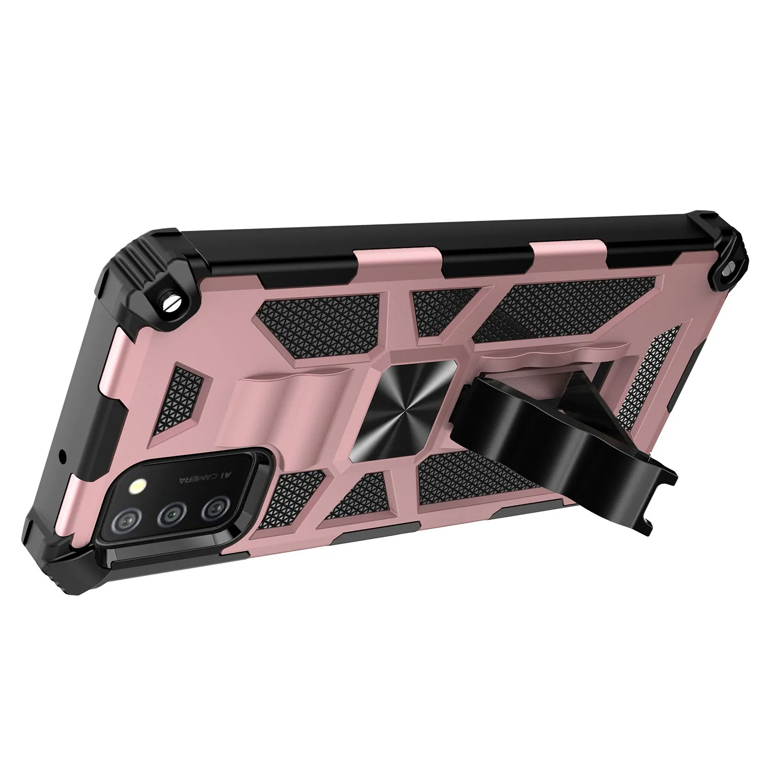 Samsung Galaxy A02s Case [Military Grade] Ring Car Mount Kickstand Hybrid Hard PC Soft TPU Shockproof Protective Case - Rose Gold