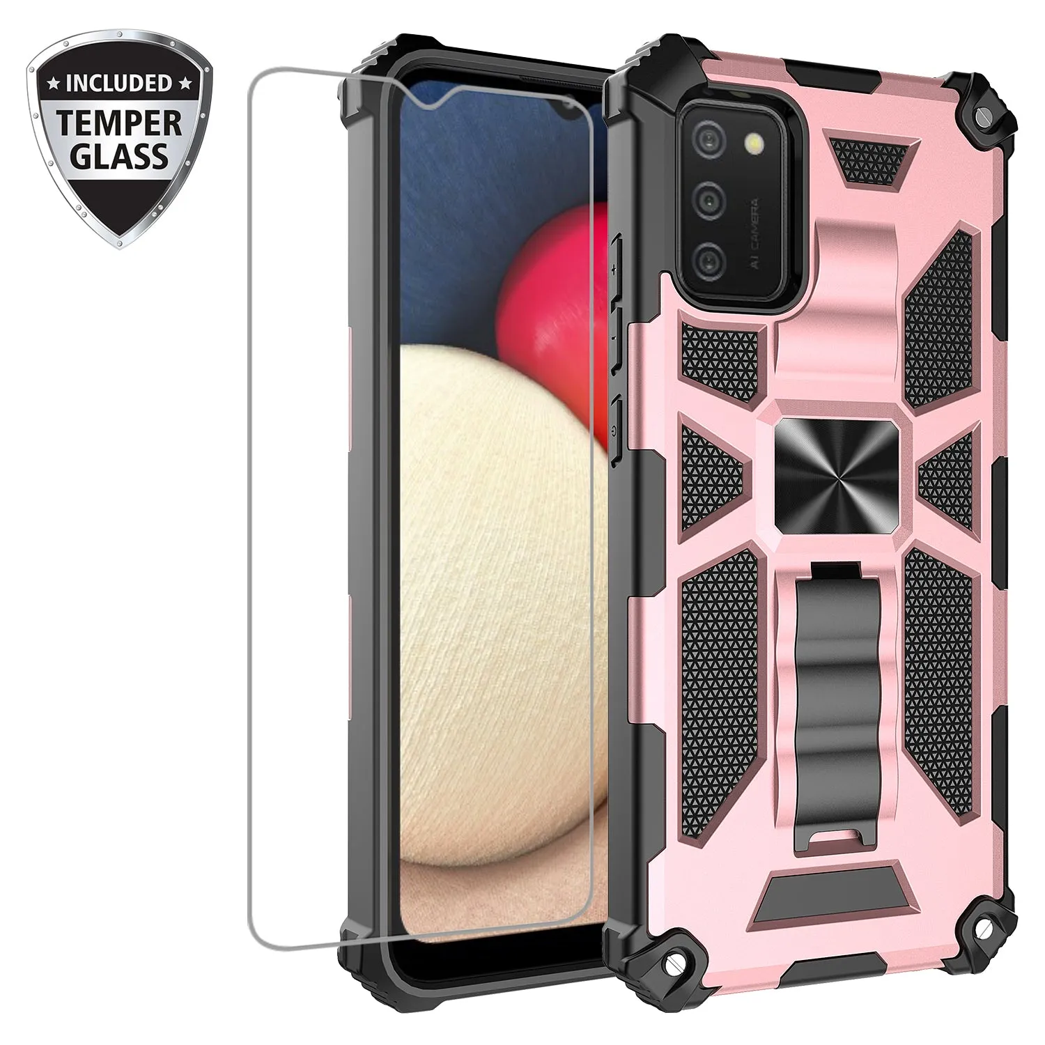 Samsung Galaxy A02s Case [Military Grade] Ring Car Mount Kickstand Hybrid Hard PC Soft TPU Shockproof Protective Case - Rose Gold