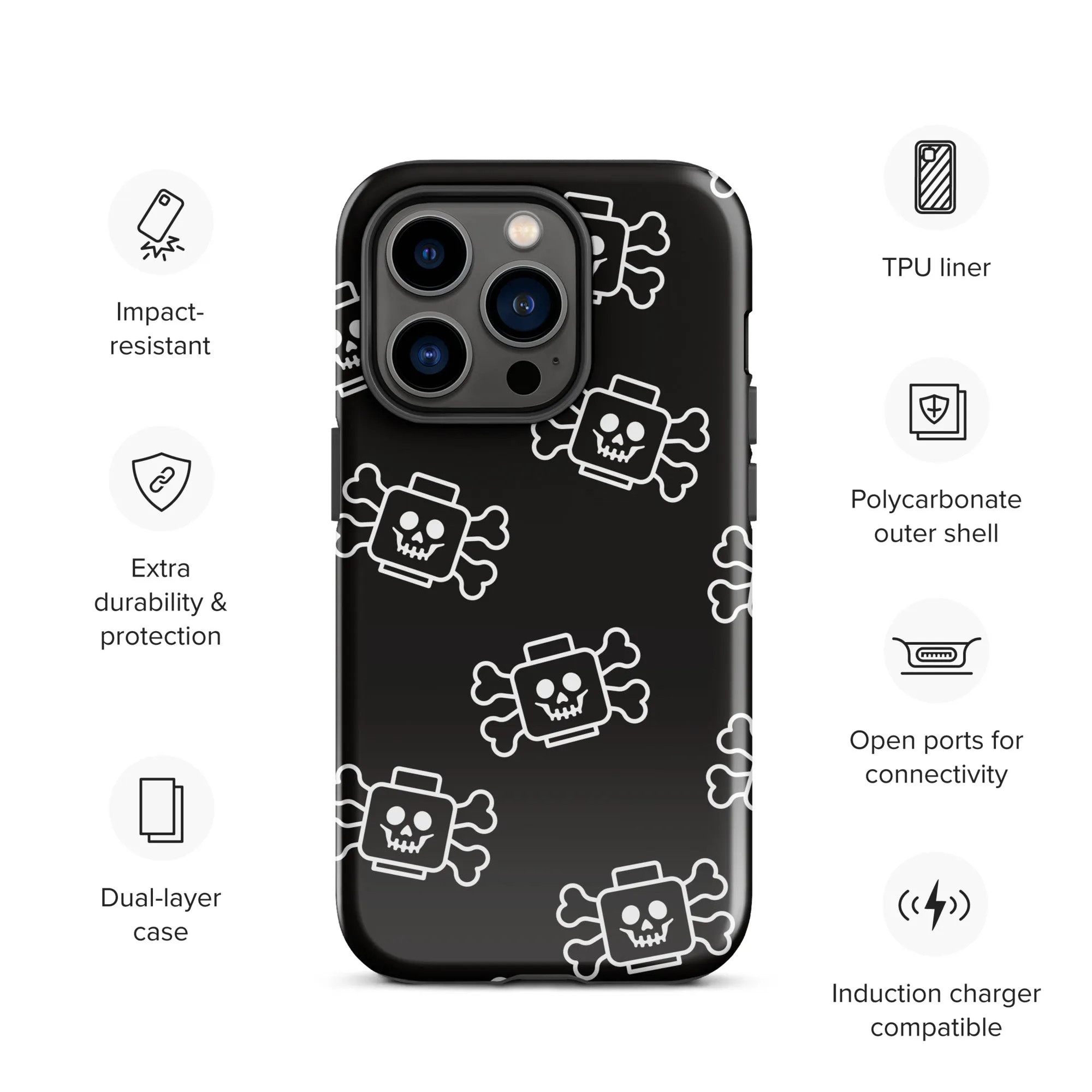 Skeleton Skull Crossbones Pirate Minifigure Brick Head Tough Case for iPhone®