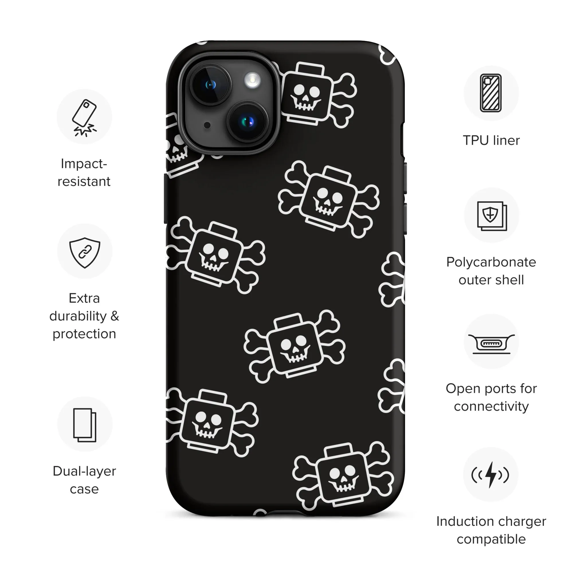 Skeleton Skull Crossbones Pirate Minifigure Brick Head Tough Case for iPhone®