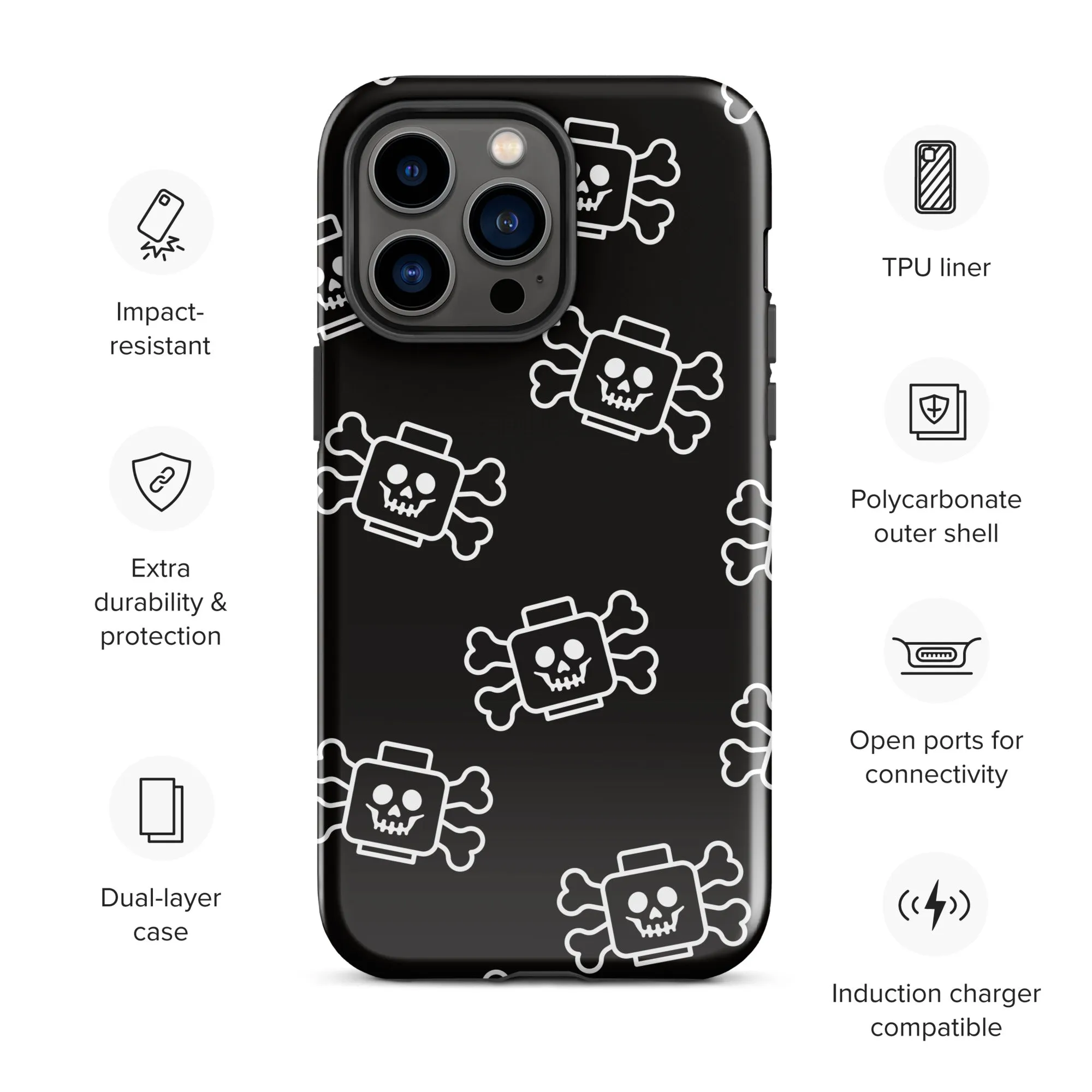 Skeleton Skull Crossbones Pirate Minifigure Brick Head Tough Case for iPhone®