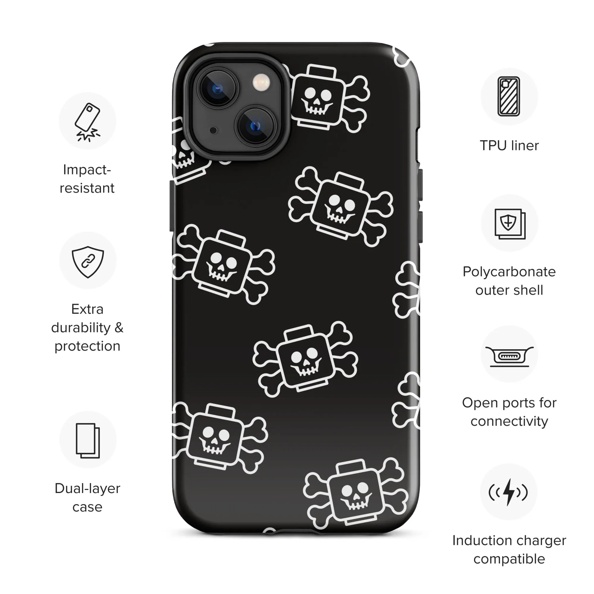 Skeleton Skull Crossbones Pirate Minifigure Brick Head Tough Case for iPhone®