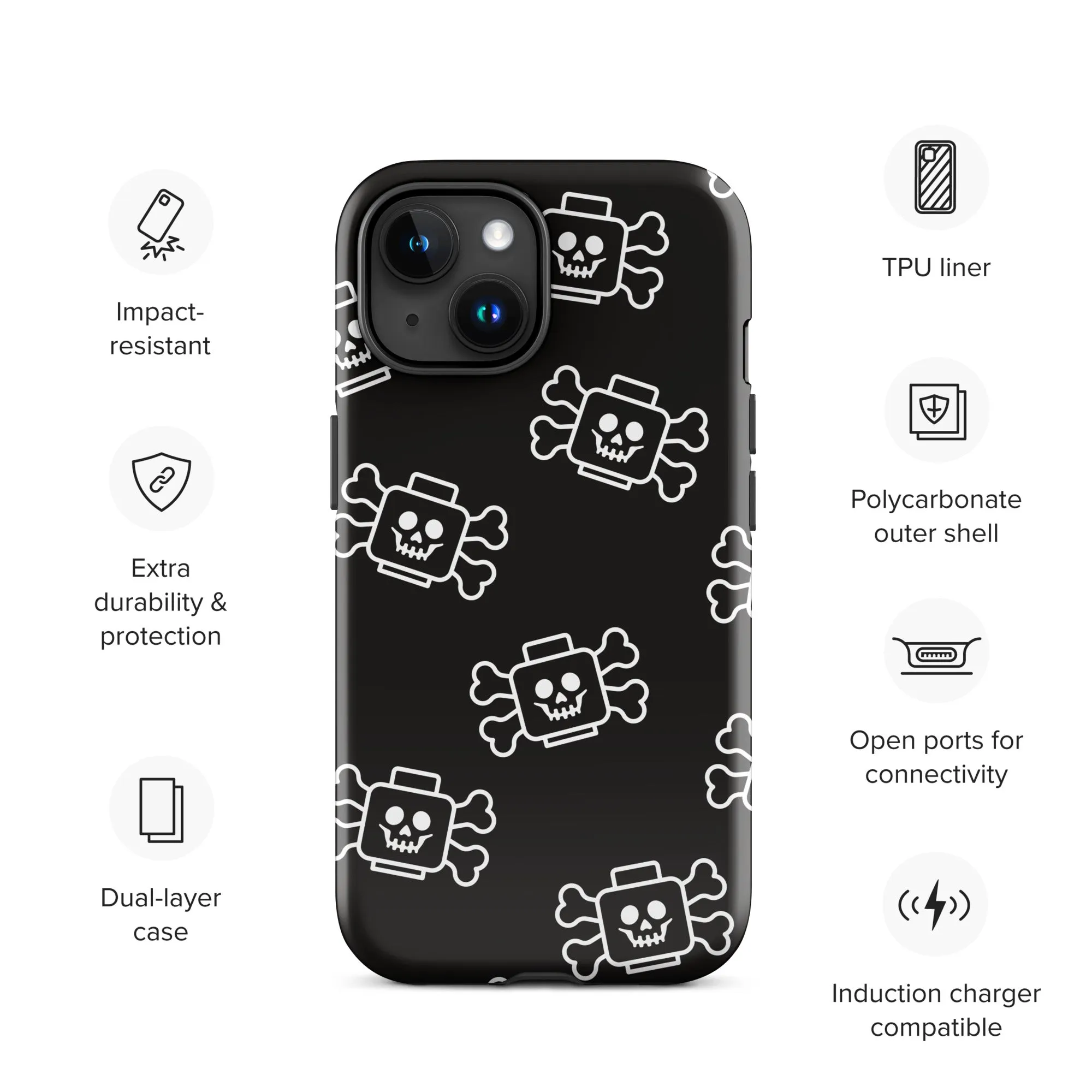 Skeleton Skull Crossbones Pirate Minifigure Brick Head Tough Case for iPhone®