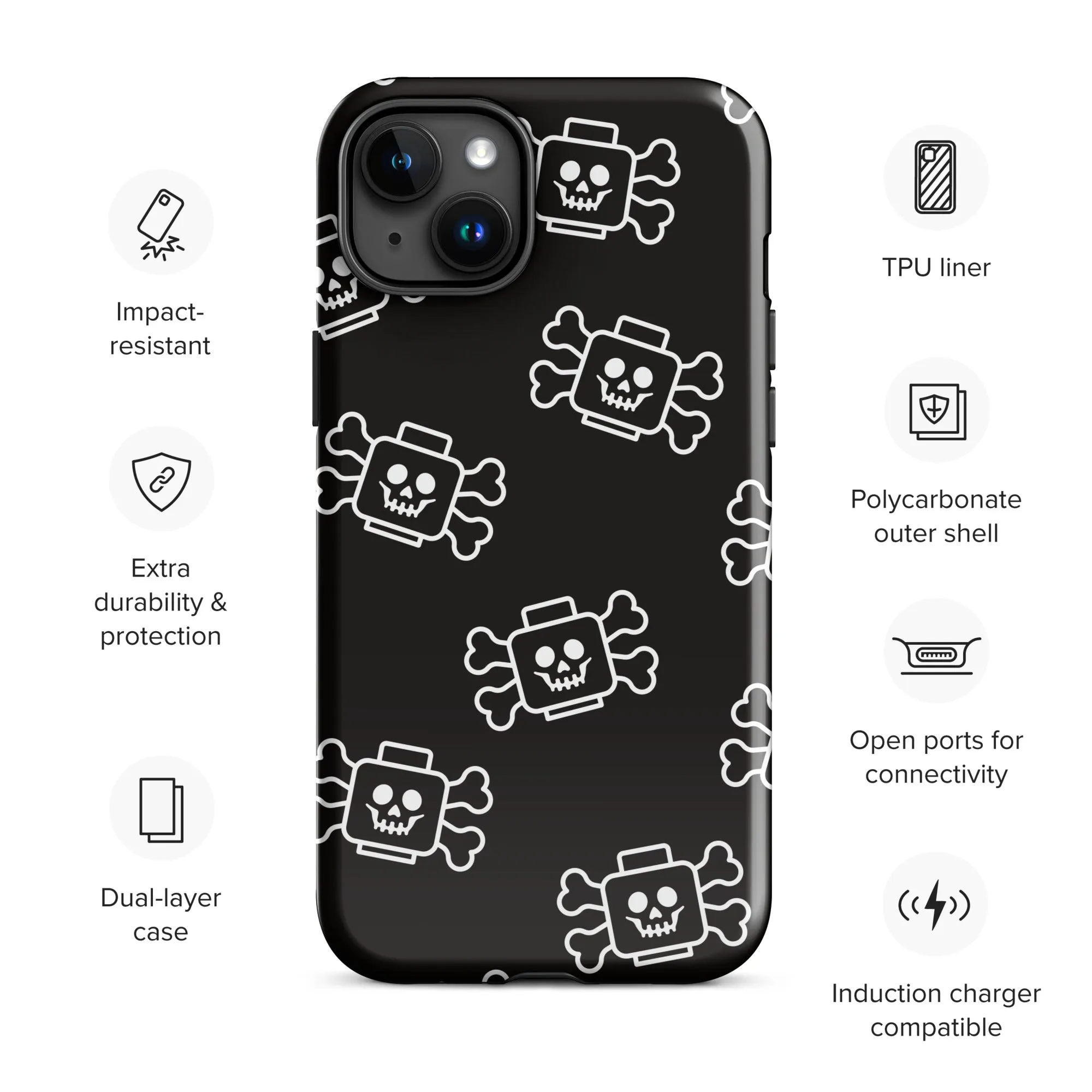 Skeleton Skull Crossbones Pirate Minifigure Brick Head Tough Case for iPhone®