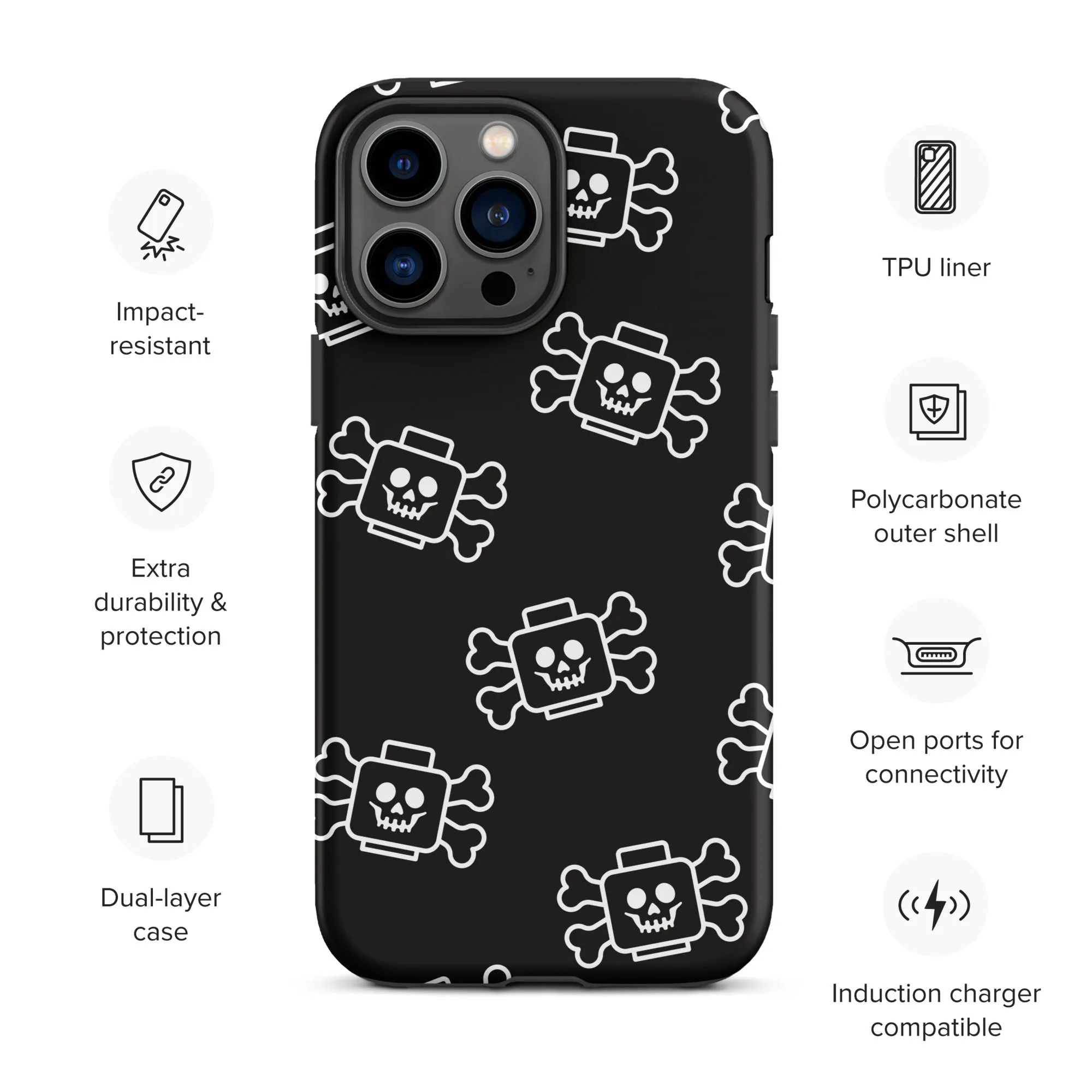 Skeleton Skull Crossbones Pirate Minifigure Brick Head Tough Case for iPhone®