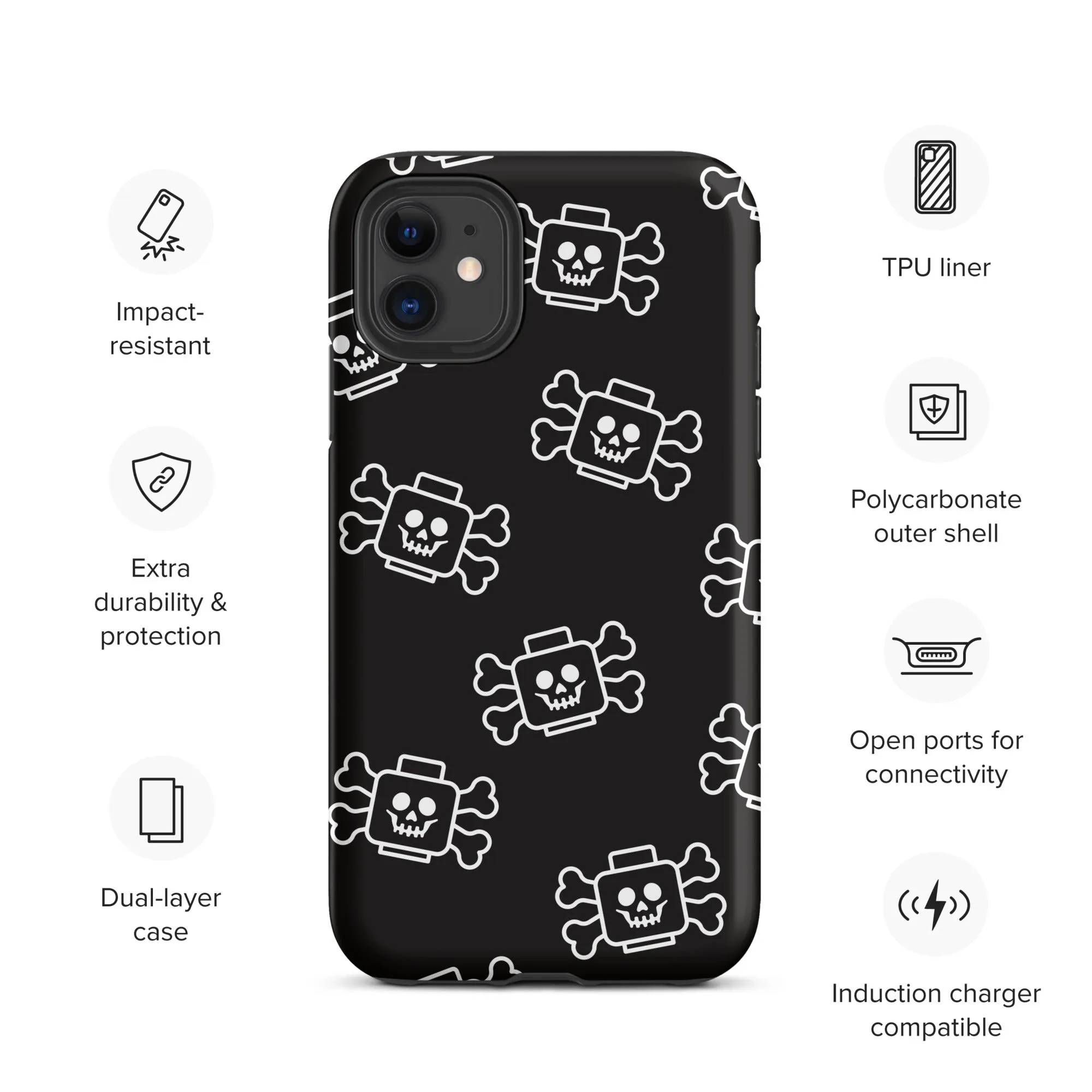 Skeleton Skull Crossbones Pirate Minifigure Brick Head Tough Case for iPhone®