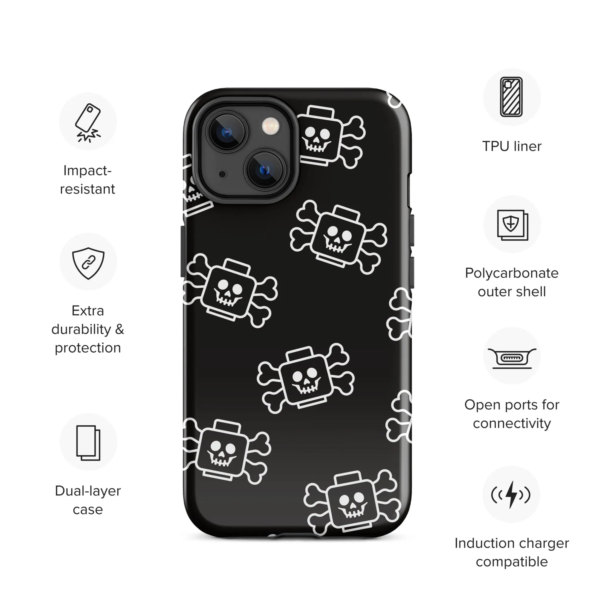 Skeleton Skull Crossbones Pirate Minifigure Brick Head Tough Case for iPhone®