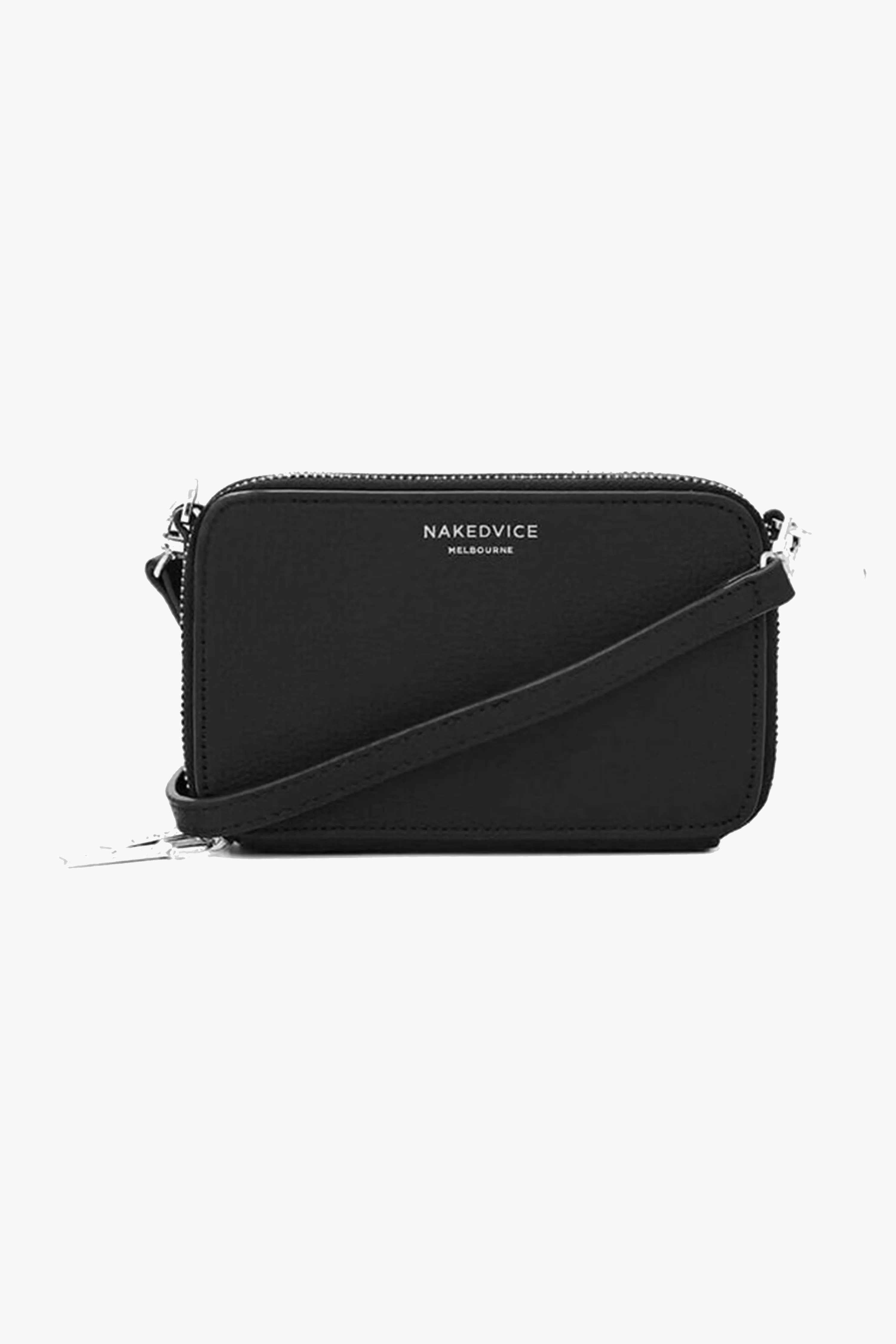 The Kiki Silver Double Zip Mini Crossbody Bag Black Leather