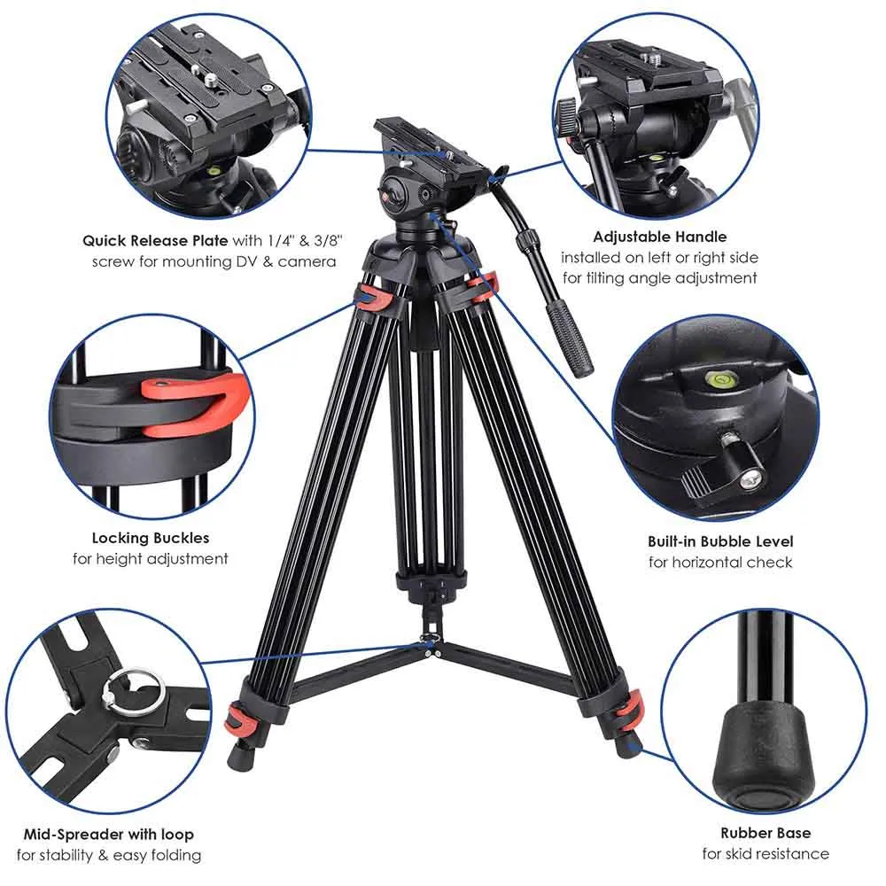 TheLAShop Pro Camera Tripod Kit Video Tripod 71" 3-Stage w/ Fluid Head