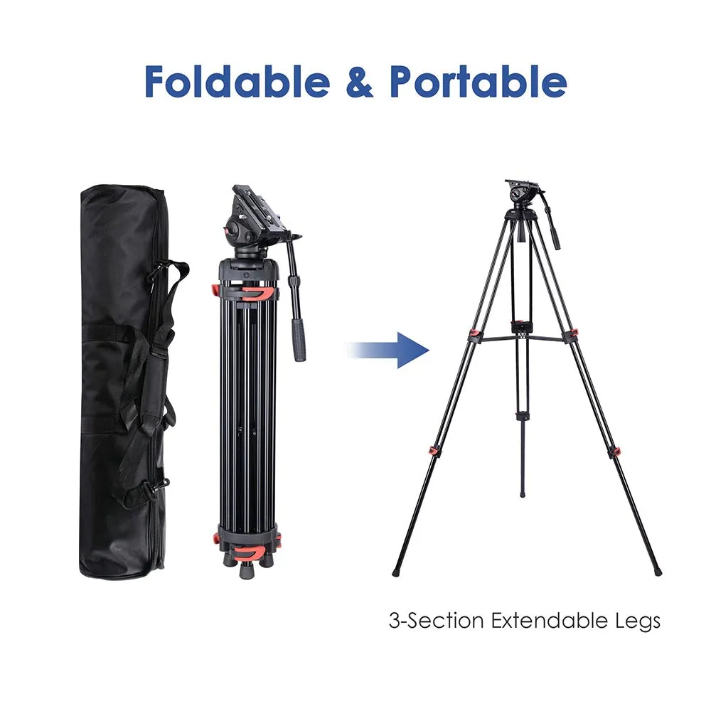 TheLAShop Pro Camera Tripod Kit Video Tripod 71" 3-Stage w/ Fluid Head