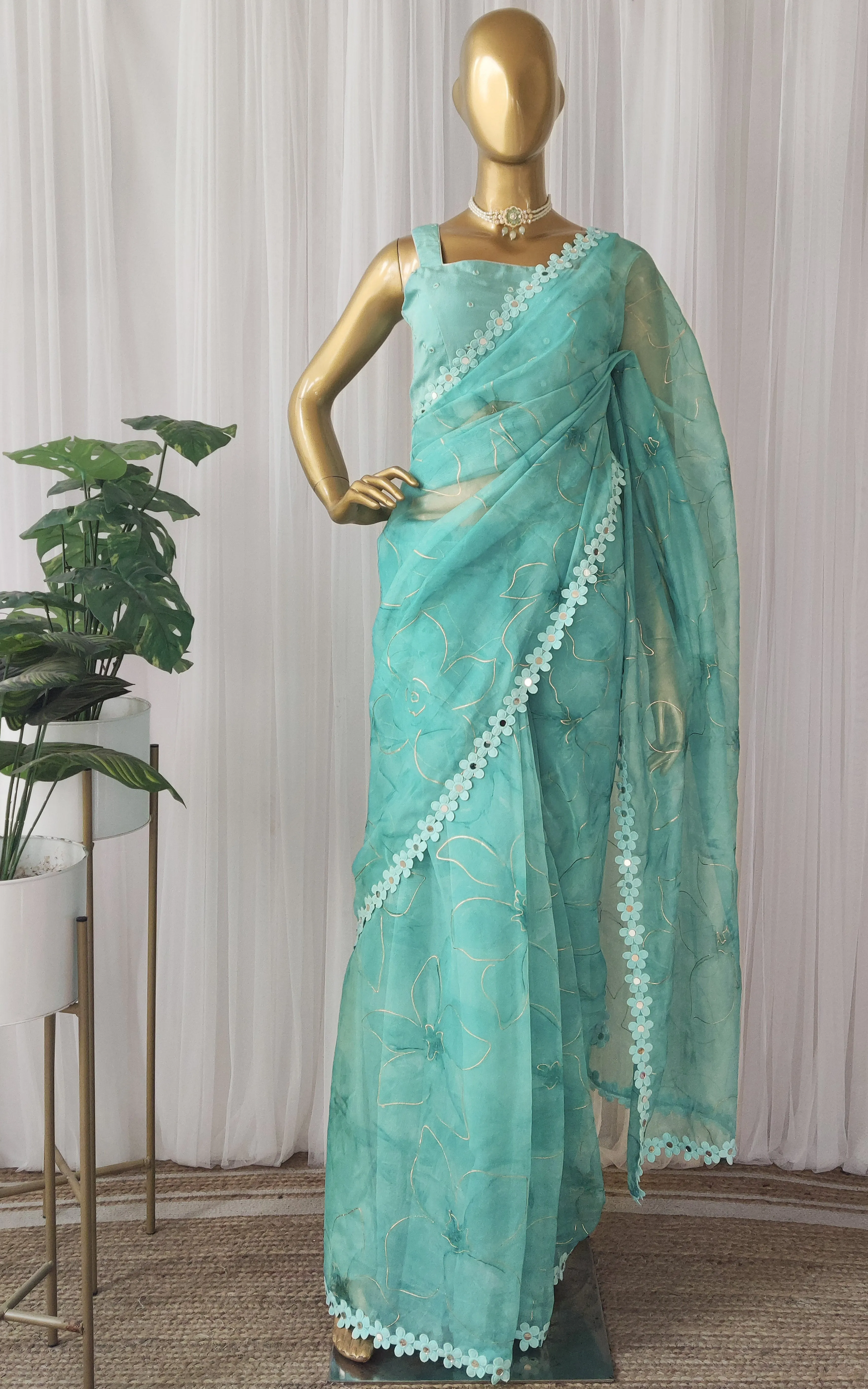 Tiffany Blue Floral Organza Mirrorwork Saree