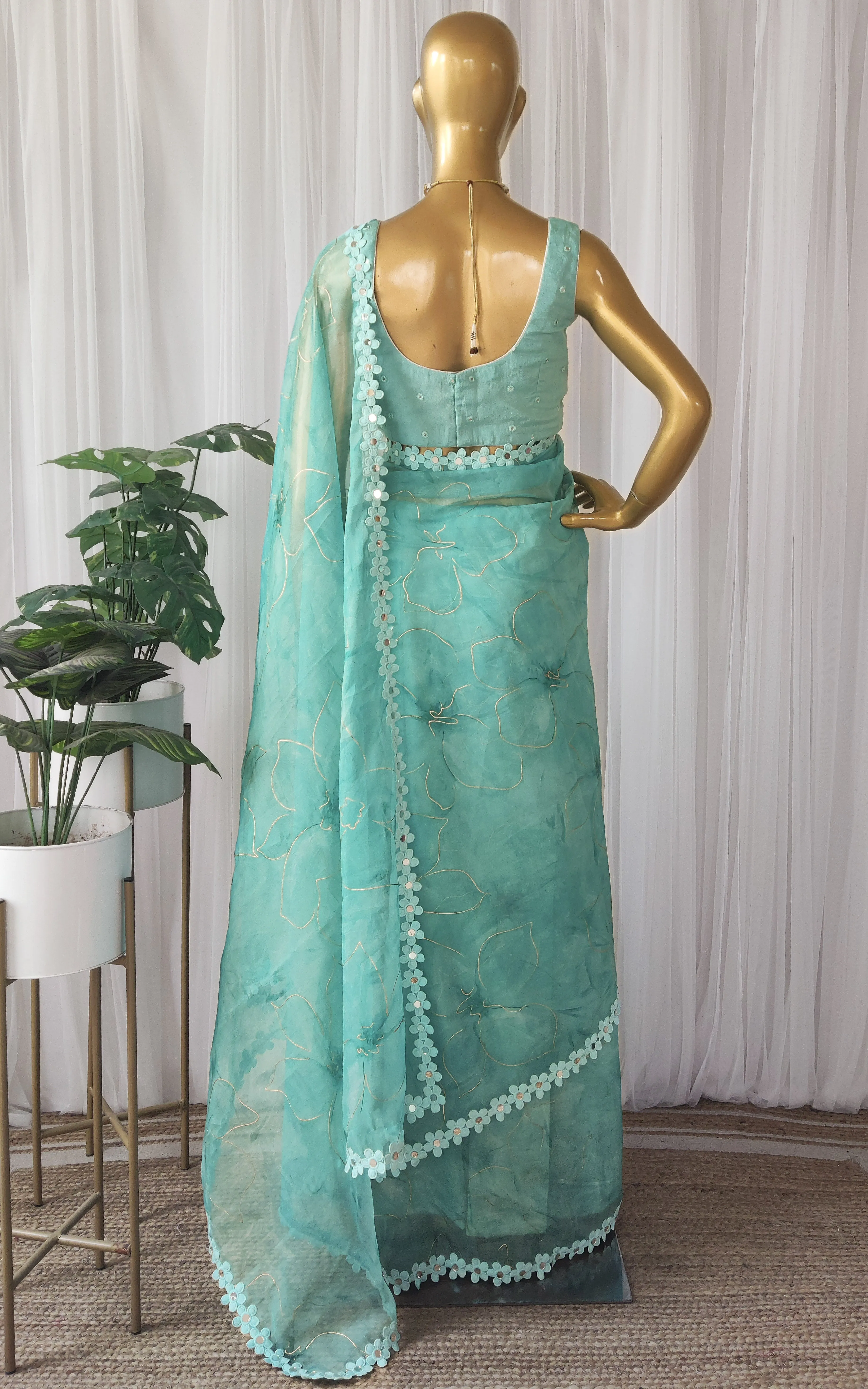 Tiffany Blue Floral Organza Mirrorwork Saree