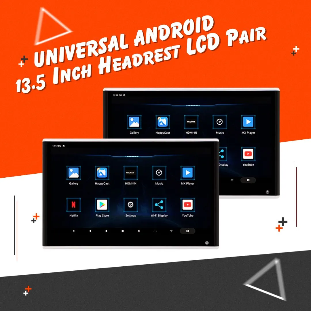 Universal Headrest Android LCD Silver 13.5 Inches  - Pair - Maximus Octa Core Ultra Thin Multimedia IPS Display System