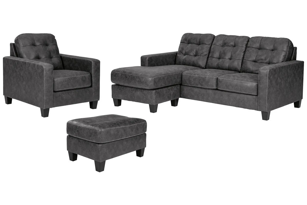 Venaldi Gunmetal Sofa Chaise, Chair, and Ottoman