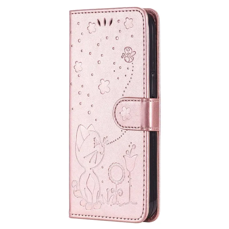 Wallet Cat And Bee Embossed Leather Cover For Redmi 12C 10 10A 10C 9A 9C 9T 8 6 Pro A1 Cover