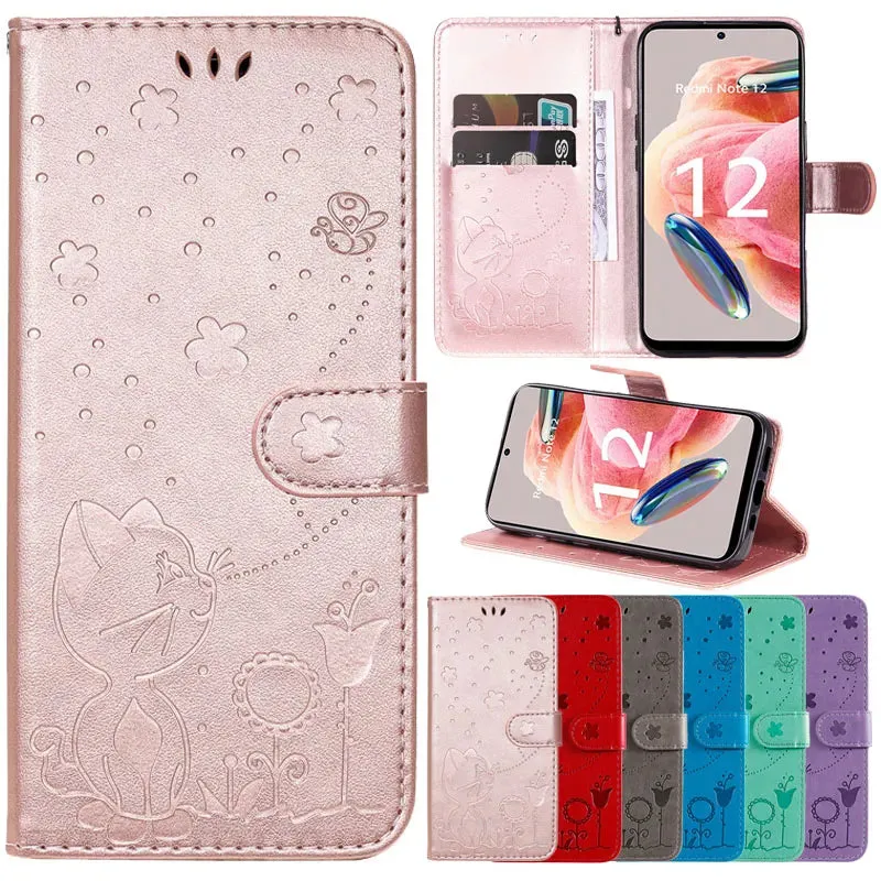 Wallet Cat And Bee Embossed Leather Cover For Redmi 12C 10 10A 10C 9A 9C 9T 8 6 Pro A1 Cover