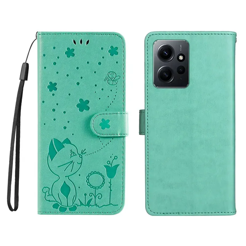 Wallet Cat And Bee Embossed Leather Cover For Redmi 12C 10 10A 10C 9A 9C 9T 8 6 Pro A1 Cover