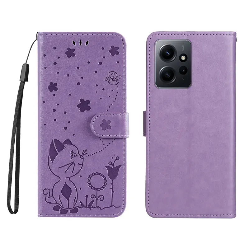 Wallet Cat And Bee Embossed Leather Cover For Redmi 12C 10 10A 10C 9A 9C 9T 8 6 Pro A1 Cover