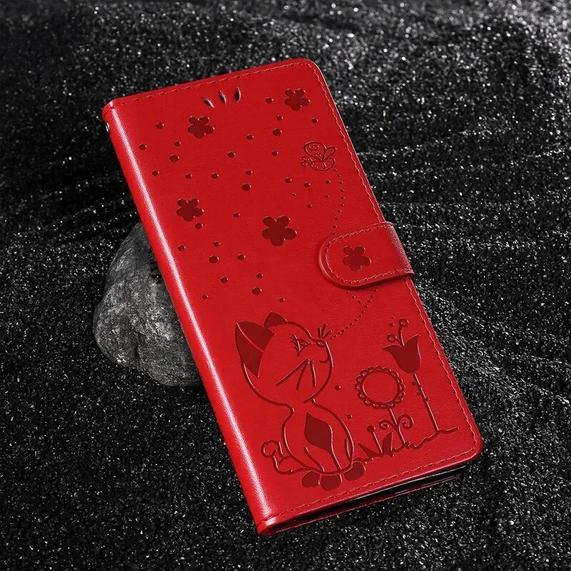 Wallet Cat And Bee Embossed Leather Cover For Redmi 12C 10 10A 10C 9A 9C 9T 8 6 Pro A1 Cover