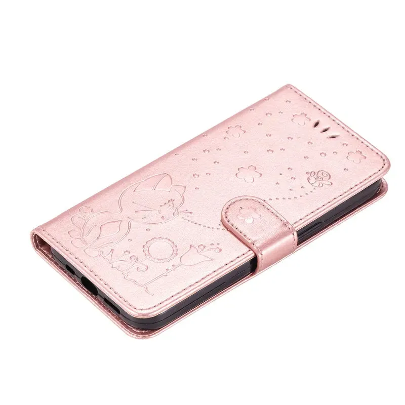 Wallet Cat And Bee Embossed Leather Cover For Redmi 12C 10 10A 10C 9A 9C 9T 8 6 Pro A1 Cover