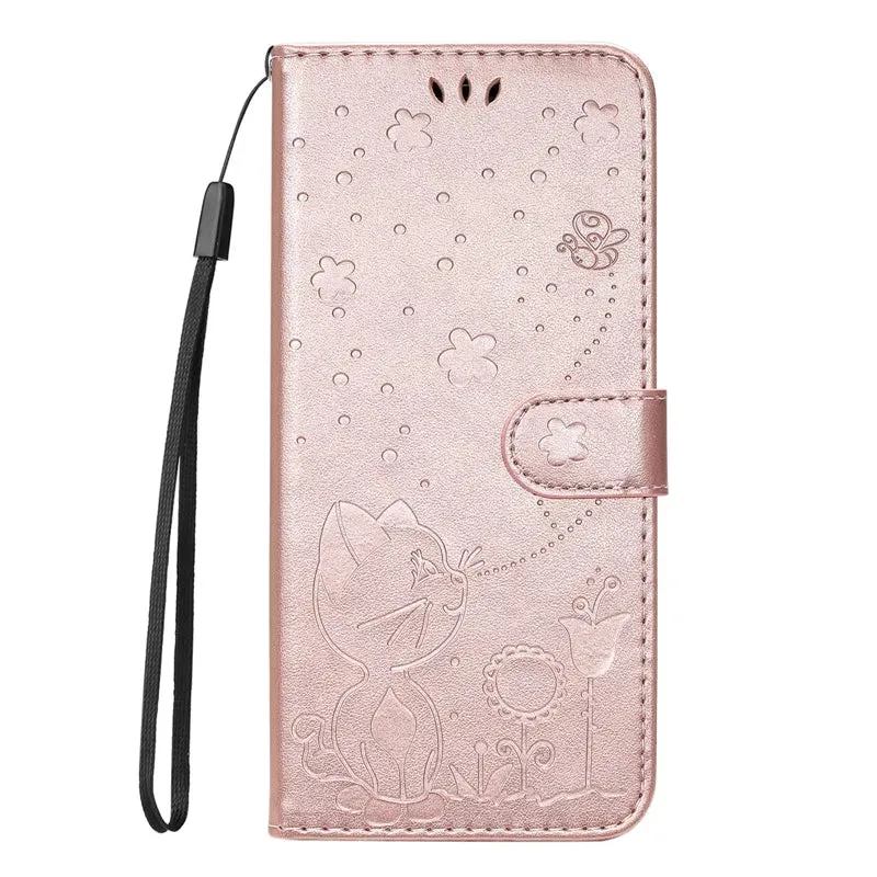 Wallet Cat And Bee Embossed Leather Cover For Redmi 12C 10 10A 10C 9A 9C 9T 8 6 Pro A1 Cover