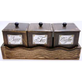 Wooden Container Set, One Set with Three Container for Coffee, Tea Sugar with Lid Brown Color 14 x 5.5 x 6 inches