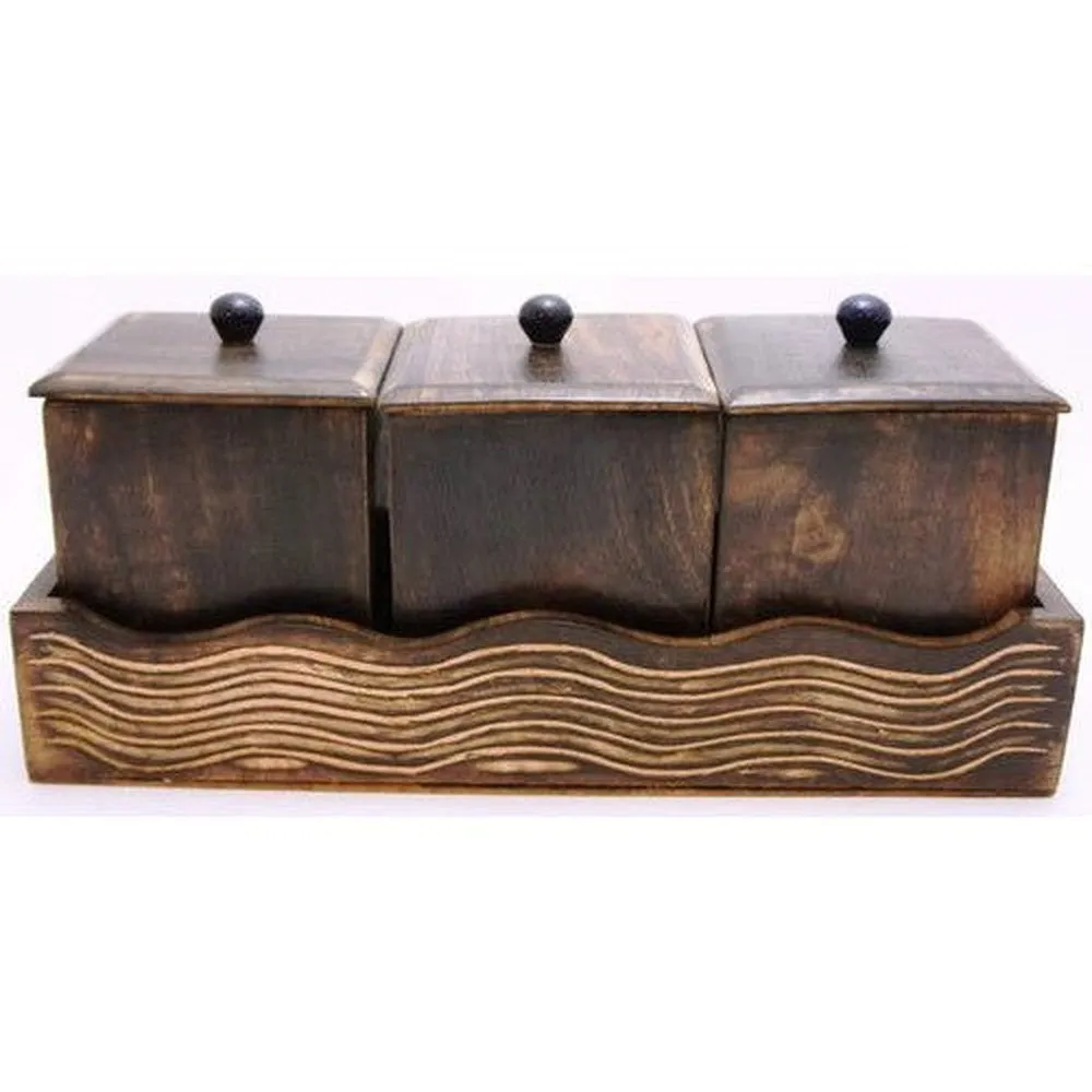 Wooden Container Set, One Set with Three Container for Coffee, Tea Sugar with Lid Brown Color 14 x 5.5 x 6 inches